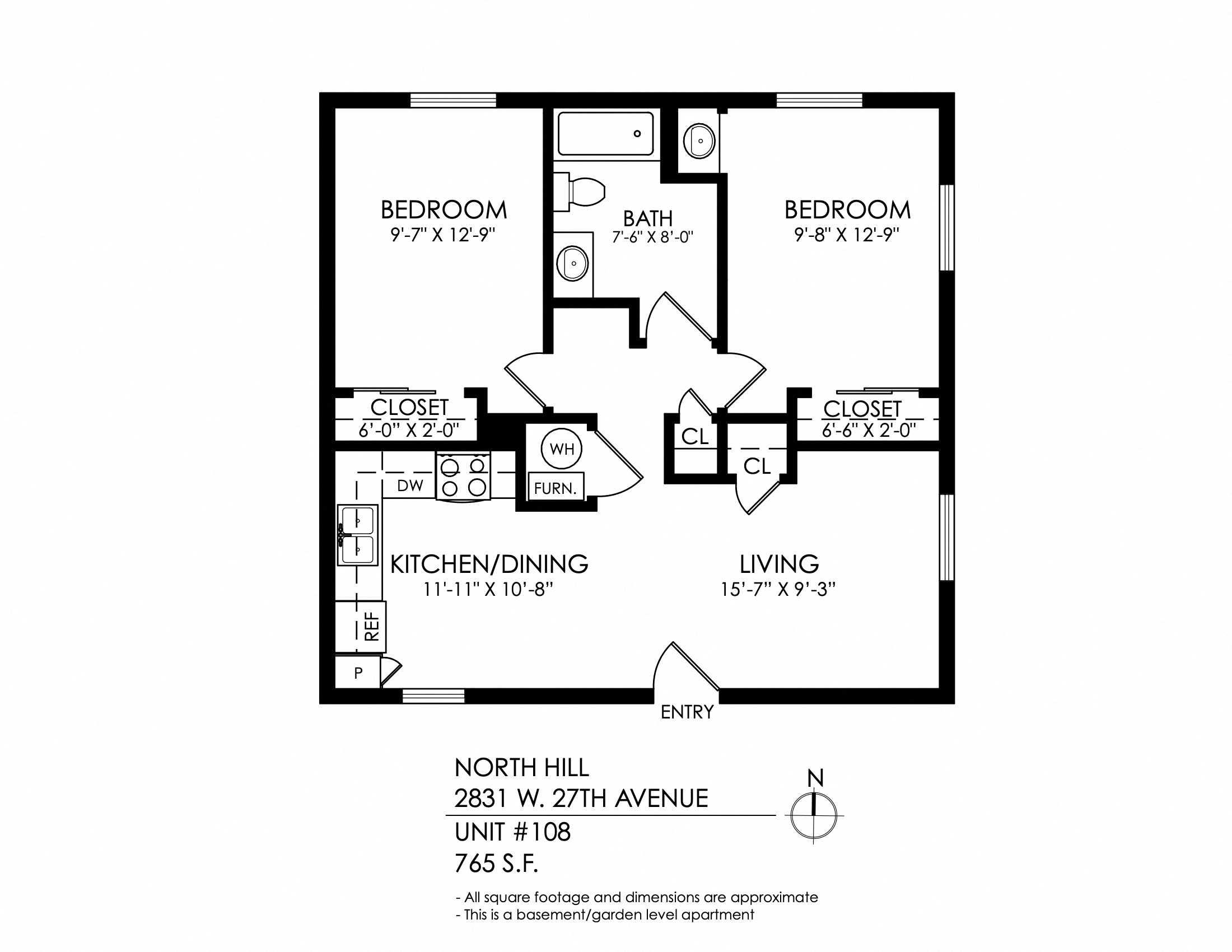 Floor plan for 2 beds, 1 bath, 765 sqft